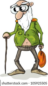 An old man with stick and bag. Vector illustration