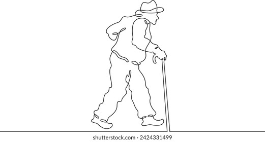 Viejo con un palo. Un anciano camina con un bastón. Pensionista.Una línea continua. Arte de línea. Línea simple mínima. Fondo blanco. Dibujo de una línea.