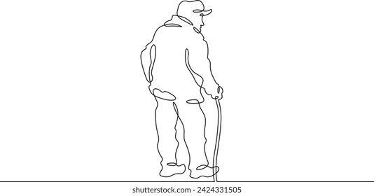 Old man with a stick. An elderly man walks with a cane. Pensioner.One continuous line . Line art. Minimal single line.White background. One line drawing.