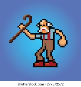 old man with stick in hand pixel art style illustration vector isolated