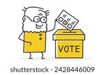 Old man, stickman putting election ballot into box on voting station. Cartoon style. Vector illustration.