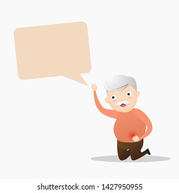 Old man with stomachache. Elderly man suffering from a stomachache. Health condition with a stomach pain. Senior man touching his tummy and feeling painful. Vector, illustration 