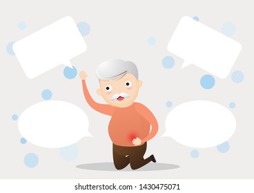 Old man with stomachache. Elderly man suffering from a stomachache. Health condition with a stomach pain. Senior man touching his tummy and feeling painful. Vector, illustration 