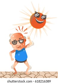 old man stood under the sun on a very hot day.He raised his arms to cover the sun.Vector illustrations