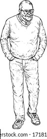 An old man strolling around with his hands in his pocket. Hand drawn vector illustration.