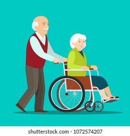 Old man strolling with elder grey haired woman in wheelchair. Vector flat style illustration