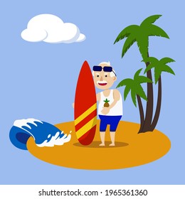 Old man in stylish tropical outfit holding surfing board - active senior cartoon character with fun hobby and extreme lifestyle. Isolated flat vector illustration