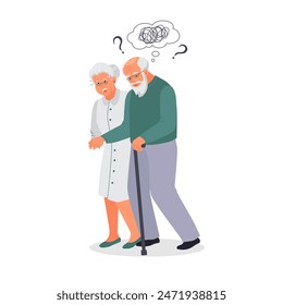 Old man suffer from dementia loss memory. Woman supports confused senior male struggle with Alzheimer disease. Elderly healthcare and medicine concept. Flat vector illustration.