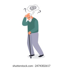 Old man suffer from dementia loss memory. Senior male struggle with Alzheimer disease. Flat vector illustration. 