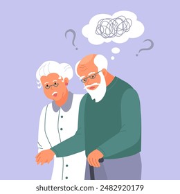 Der alte Mann leidet an Demenz und Gedächtnisverlust. Weibliche Support verwechselten ältere männliche Kämpfe mit Alzheimer-Demenz. Altenpflege und medizinisches Konzept. Flache Vektorillustration.