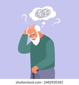 Old man suffer from dementia loss memory. Senior male struggle with Alzheimer disease. Flat vector illustration. 