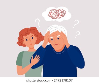 Old man suffer from dementia loss memory. Senior male struggle with Alzheimer disease. Young woman supports him. Flat vector illustration. 