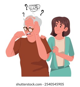 O idoso sofre de demência e perda de memória. Luta masculina sênior contra a doença de Alzheimer. A jovem o apoia. Ilustração de vetor plano.