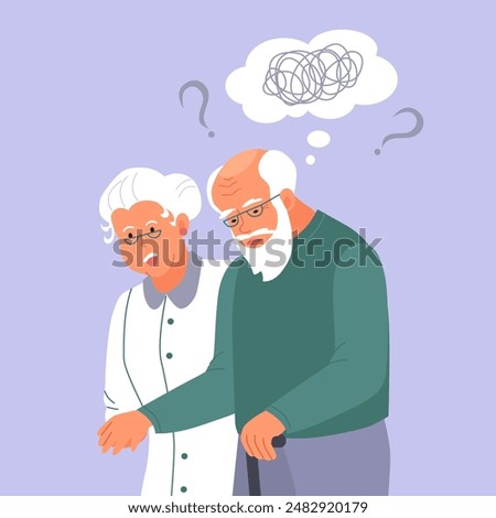 Old man suffer from dementia loss memory. Woman supports confused senior male struggle with Alzheimer disease. Elderly healthcare and medicine concept. Flat vector illustration.