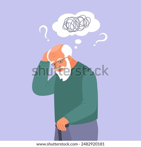 Old man suffer from dementia loss memory. Senior male struggle with Alzheimer disease. Flat vector illustration. 