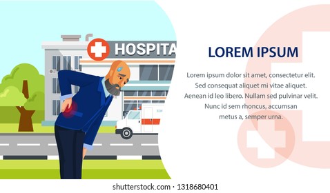 Old Man Suffering from Back Pain Vector Web Page. Adult Bending Over, holding his Back. Cartoon Character Going to Hospital, Doctor. First Aid, Emergency. Injury, Trauma Flat Banner with Copyspace