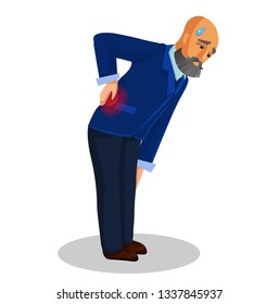 Old Man Suffering from Back Pain Flat Illustration. Grandfather Bending Over, Holding His Back Isolated Clipart. Cartoon Character with Grey Beard. Discomfort, Rheumatism. Injured OAP Vector Drawing