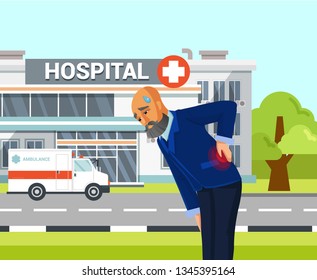 Old Man Suffering from Back Pain Flat Drawing. Adult Bending Over, Holding His Back. Cartoon Character Going To Hospital, Doctor. Discomfort, Rheumatism, First Aid. Injured OAP Vector Illustration