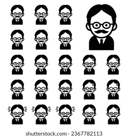 Old man in suit, emotions, anger, sadness icon set, vector illustration
