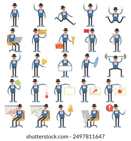 old man in suit and top hat characters set in various poses illustration