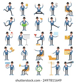 old man in suit and top hat characters set in various poses illustration