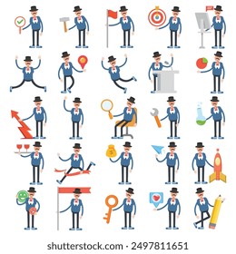 old man in suit and top hat characters set in various poses illustration