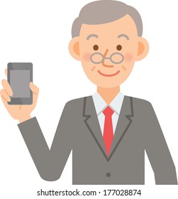 Old man in a suit to use the mobile phone