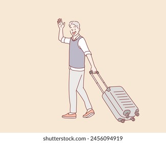 Old man with a Suitcase goes on vacation. Hand drawn style vector design illustrations.