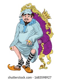 Old man sultan cartoon character in pajama on big purple chair with crown