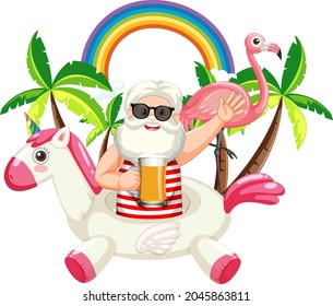 Old man with summer beach icons isolated illustration