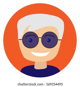 Old man with sunglasses. Vector illustration. Portrait. Flat. Smile.