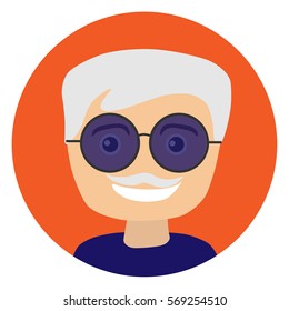 Old Man With Sunglasses. Vector Illustration. Portrait. Flat. Smile. Mustache.