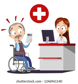 Old Man Surprised By Medical Bill Vector Illustration. Cartoon Grandpa In Wheelchair Shocked By Price For Hospital Prices. Nurse At Reception Desk Of Clinic With Computer