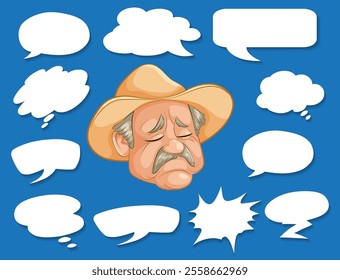 Old man surrounded by various speech bubbles