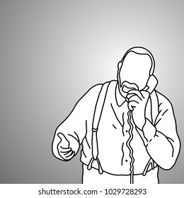 old man with suspenders or braces using desk telephone vector illustration doodle sketch hand drawn with black lines isolated on gray background. Business concept. 