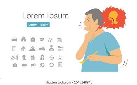 old man swallowing problem, dysphagia patient cartoon character design with icon set