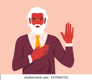 Old man swears an oath. Serious businessman makes sincere promise, keeps one hand on heart, raises palm, demonstrates loyalty gesture being honest. Vector flat illustration