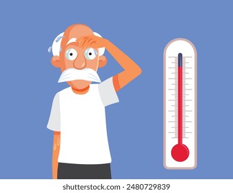 
Old Man Sweating in Hot Weather Vector Cartoon illustration. Unhappy grandpa being sweating and uncomfortable during heat wave 
