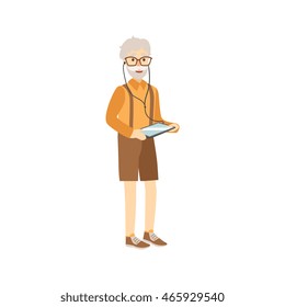 Old Man With Tablet And Headphones
