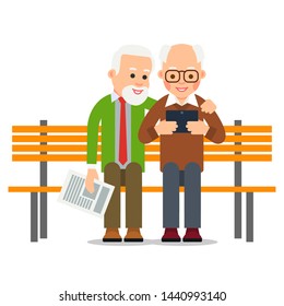 Old man with tablet. Two older men are sitting on bench and smiling watching news on screen of digital device. Elderly businessman communicates using gadget. Illustration isolated in flat style.

