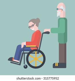 Old man take care of elderly woman on wheelchair, elderly family couple, vector illustration