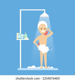 Old man take shower in the bathroom. Male character standing under the water . Everyday routine and hygiene. Isolated flat vector illustration