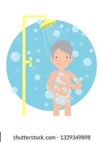 Old man take shower in the bathroom. Everyday routine and hygiene. Isolated flat vector illustration