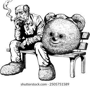 Old man takes a break from his job working as a mascot bear black and white