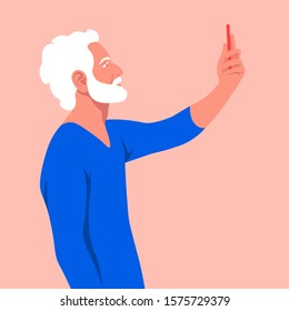 An old man takes a selfie and holds his smartphone in his hand. A grandfather is photographed for a social network. Vector flat illustration