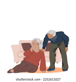 Old man taking care of Old woman man falling accident in living room. Elderly woman man dropping from sofa (settee, also couch).Vector flat illustration characters design concept for Home care service