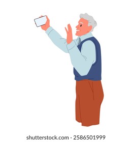 Old man taking self photo or video with mobile app in phone. Male senior person holding smartphone for selfie portrait, active grandfather using cellphone or tablet cartoon vector illustration