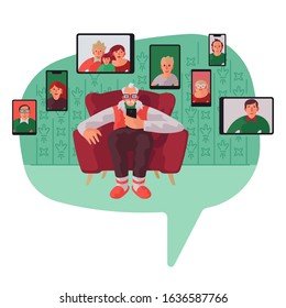 Old man is talkin with his relatives by mobile app. All family connected with mobile application. Modern family protrait concept.