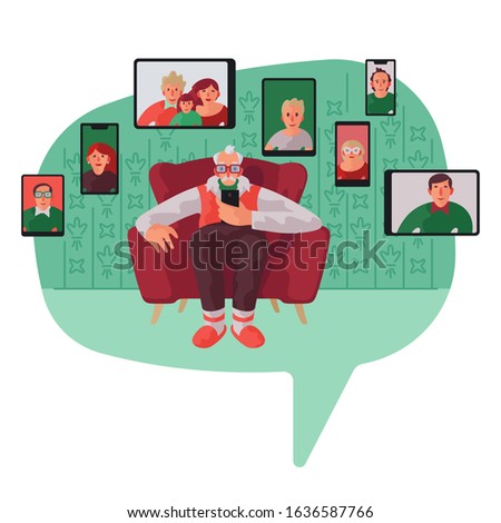 Old man is talkin with his relatives by mobile app. All family connected with mobile application. Modern family protrait concept.