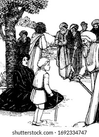 Un anciano hablando con un niño, otro sentado bajo un árbol que los observa, hombres viejos con armas de fuego parados detrás de ellos, dibujos de líneas antiguas o ilustraciones que graban